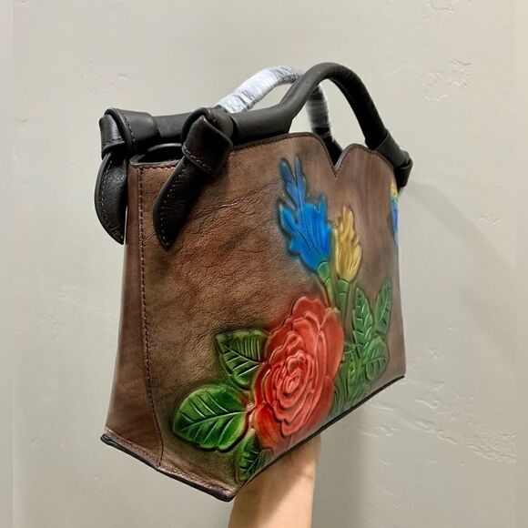 Genuine Distressed Leather Relief Floral & Butterfly Embossed Satchel/Crossbody - Picture 7 of 16